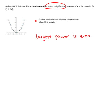 Definition: A function f is an even function if and only if for all values of x in its domain f(- 
x) = f(x). 
These functions are always symmetrical 
about the y-axis. 
 