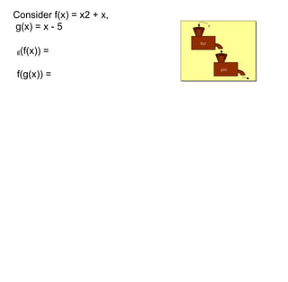 Consider f(x) = x2 + x, 
g(x) = x - 5 
g(f(x)) = 
f(g(x)) = 
 