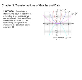 Chapter 3: Transformations of Graphs and Data 
Purpose: Sometimes in 
statistics, the result of a study is in 
a form that is not usable, so we 
can transform it into a useful form. 
An example is the last quiz we 
took - using 1985 gave us an 
overload in the calculator, so we 
used only 85. 
 