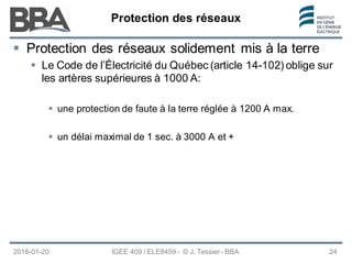 Protection des réseaux
Protection des réseaux
Protection des réseaux
2016-01-20 IGEE 409 / ELE8459 - © J. Tessier - BBA 24
 Protection des réseaux solidement mis à la terre
 Le Code de l’Électricité du Québec (article 14-102) oblige sur
les artères supérieures à 1000 A:
 une protection de faute à la terre réglée à 1200 A max.
 un délai maximal de 1 sec. à 3000 A et +
 