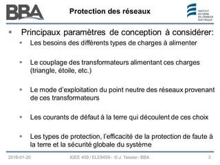 Protection des réseaux
Protection des réseaux
Protection des réseaux
2016-01-20 IGEE 409 / ELE8459 - © J. Tessier - BBA 3
 Principaux paramètres de conception à considérer:
 Les besoins des différents types de charges à alimenter
 Le couplage des transformateurs alimentant ces charges
(triangle, étoile, etc.)
 Le mode d’exploitation du point neutre des réseaux provenant
de ces transformateurs
 Les courants de défaut à la terre qui découlent de ces choix
 Les types de protection, l’efficacité de la protection de faute à
la terre et la sécurité globale du système
 