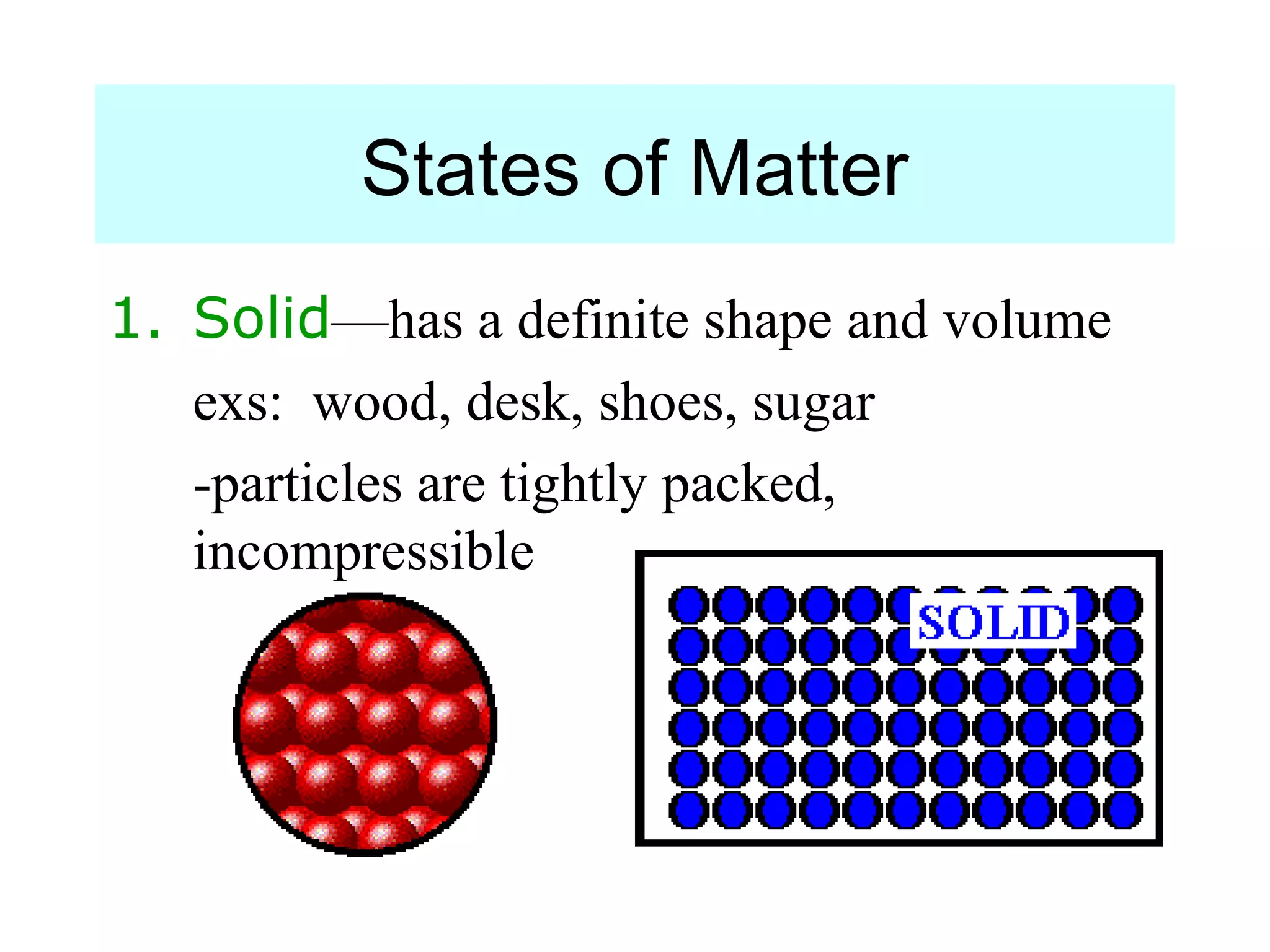 States of Matter
1. Solid—has a definite shape and volume
   exs: wood, desk, shoes, sugar
   -particles are tightly packed,
   incompressible
 