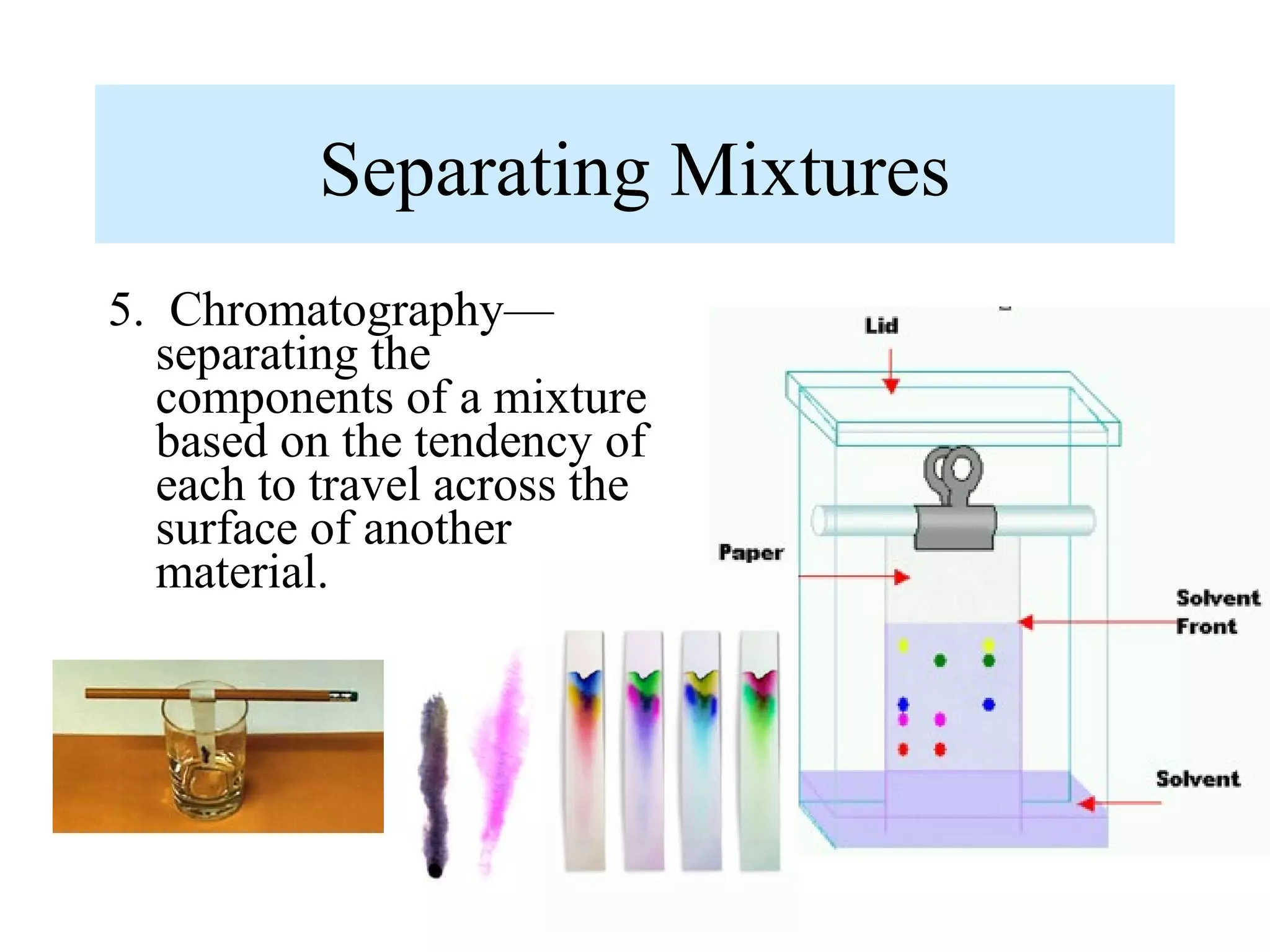 Separating Mixtures
5. Chromatography—
  separating the
  components of a mixture
  based on the tendency of
  each to travel across the
  surface of another
  material.
 