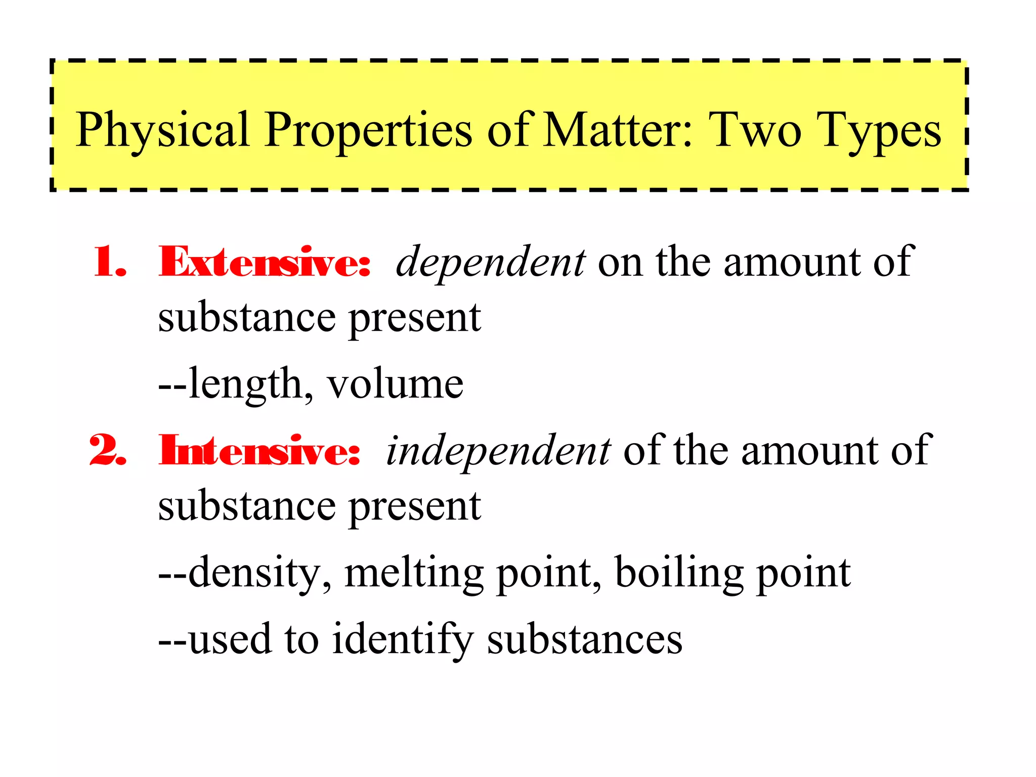 Physical Properties of Matter: Two Types

1. Extensive: dependent on the amount of
   substance present
   --length, volume
2. Intensive: independent of the amount of
   substance present
   --density, melting point, boiling point
   --used to identify substances
 