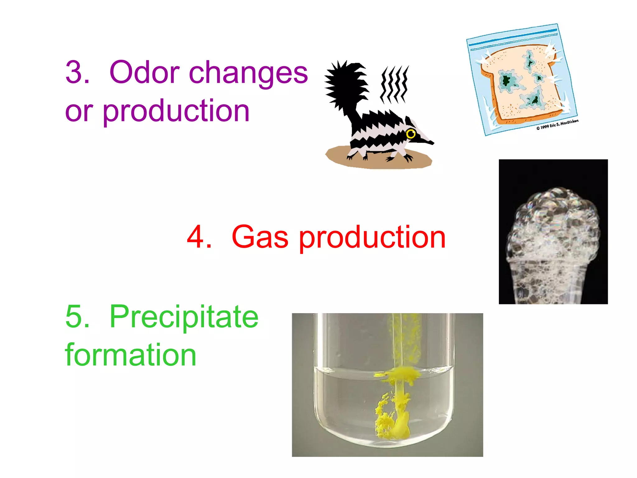 3. Odor changes
or production


        4. Gas production

5. Precipitate
formation
 