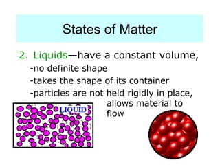 States of Matter
2. Liquids—have a constant volume,
  -no definite shape
  -takes the shape of its container
  -particles are not held rigidly in place,
                     allows material to
                     flow
 