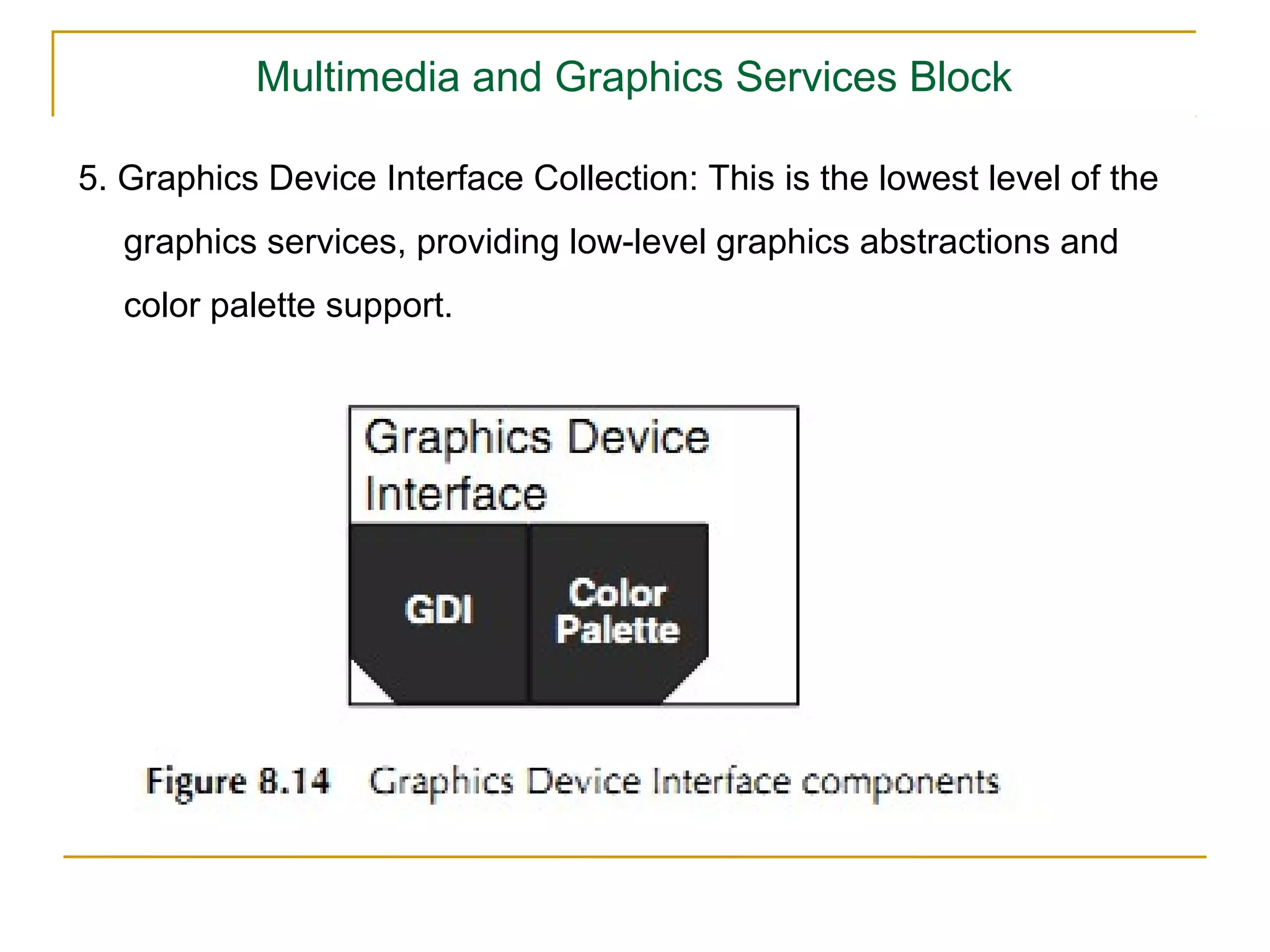 Multimedia and Graphics Services Block

5. Graphics Device Interface Collection: This is the lowest level of the
   graphics services, providing low-level graphics abstractions and
   color palette support.
 