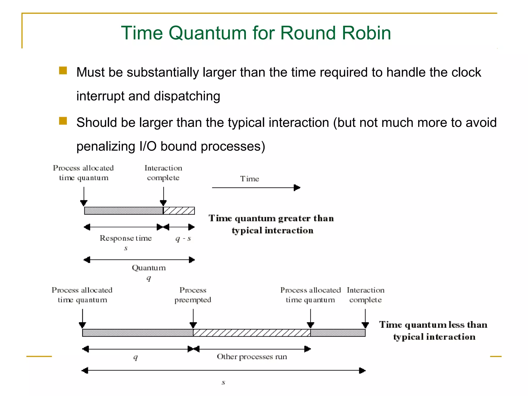 Time Quantum for Round Robin
 Must be substantially larger than the time required to handle the clock
   interrupt and dispatching
 Should be larger than the typical interaction (but not much more to avoid
   penalizing I/O bound processes)




                                                        28
 