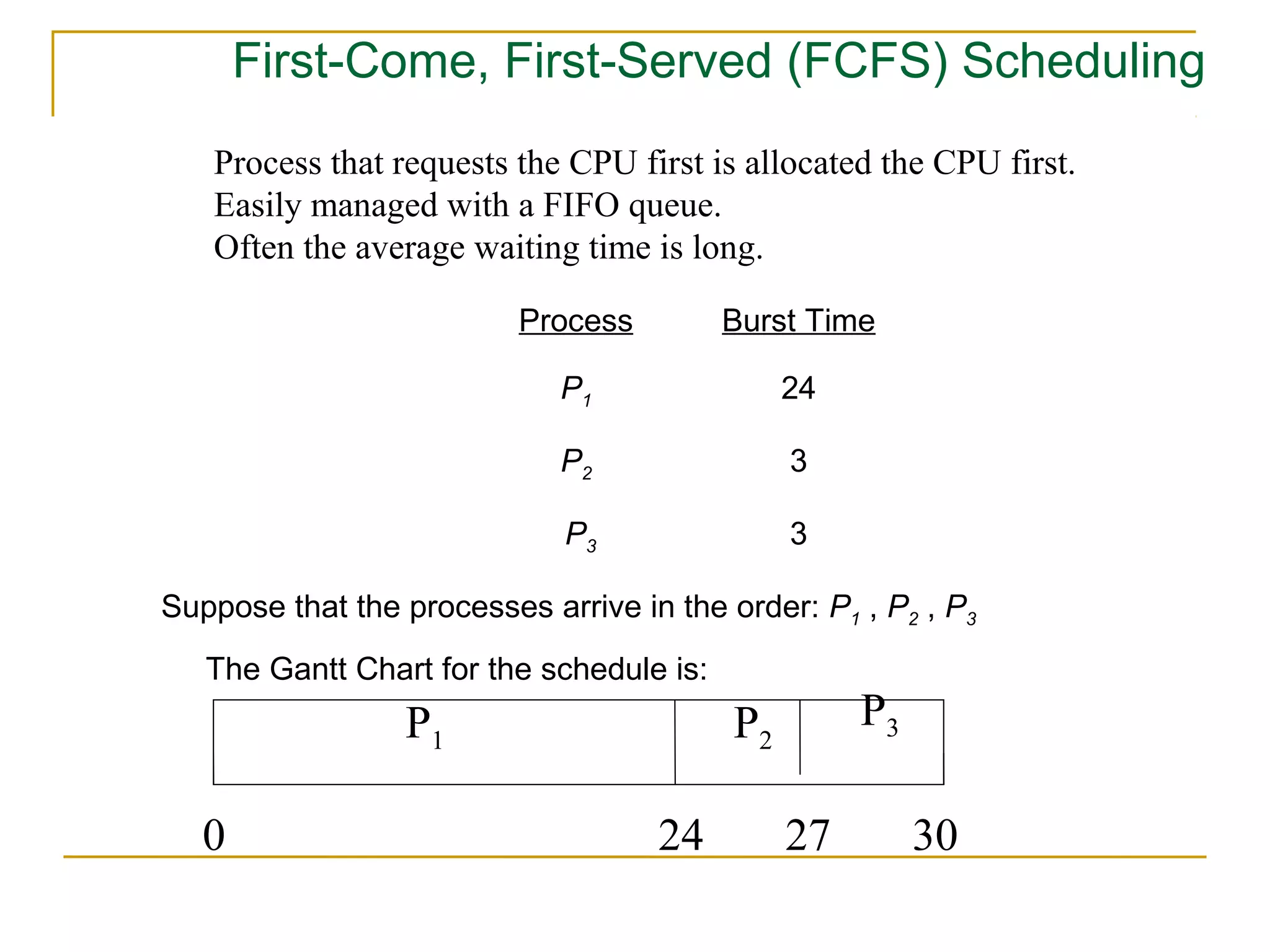 First-Come, First-Served (FCFS) Scheduling
   Process that requests the CPU first is allocated the CPU first.
   Easily managed with a FIFO queue.
   Often the average waiting time is long.

                          Process         Burst Time

                             P1                24

                             P2                3

                             P3                3

Suppose that the processes arrive in the order: P1 , P2 , P3
   The Gantt Chart for the schedule is:
                 P1                       P2        P3

   0                                24         27        30
 