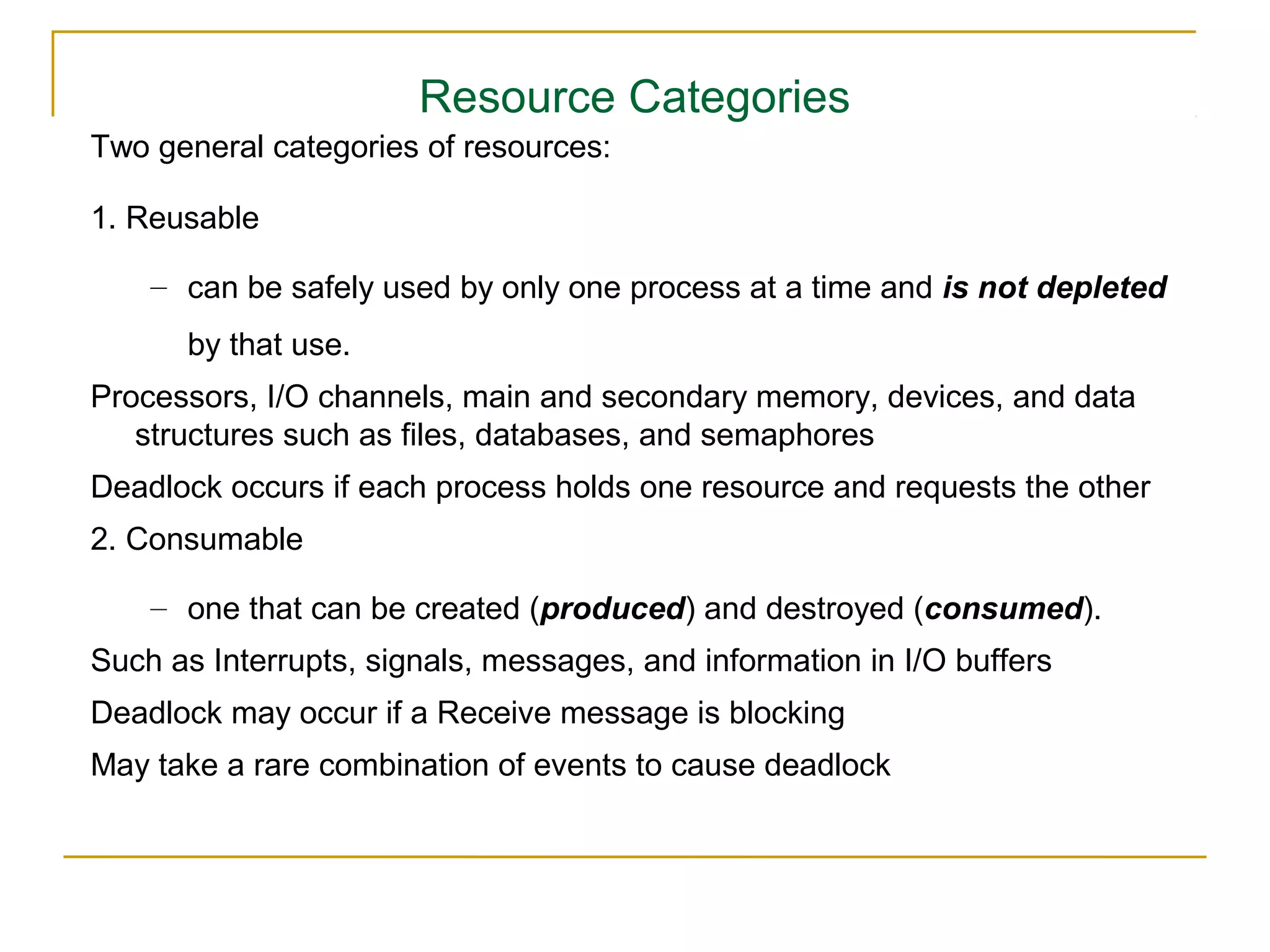 Resource Categories
Two general categories of resources:

1. Reusable

    – can be safely used by only one process at a time and is not depleted
      by that use.
Processors, I/O channels, main and secondary memory, devices, and data
   structures such as files, databases, and semaphores
Deadlock occurs if each process holds one resource and requests the other
2. Consumable

    – one that can be created (produced) and destroyed (consumed).
Such as Interrupts, signals, messages, and information in I/O buffers
Deadlock may occur if a Receive message is blocking
May take a rare combination of events to cause deadlock
 