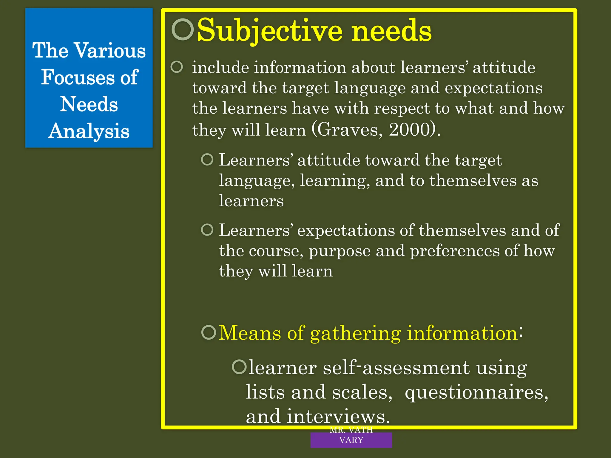 Subjective needs
 include information about learners’ attitude
toward the target language and expectations
the learners have with respect to what and how
they will learn (Graves, 2000).
 Learners’ attitude toward the target
language, learning, and to themselves as
learners
 Learners’ expectations of themselves and of
the course, purpose and preferences of how
they will learn
Means of gathering information:
learner self-assessment using
lists and scales, questionnaires,
and interviews.
The Various
Focuses of
Needs
Analysis
MR. VATH
VARY
 
