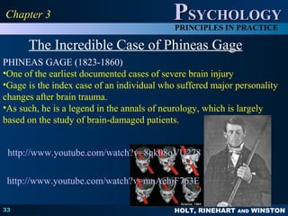 HOLT, RINEHART AND WINSTON
PPSYCHOLOGYSYCHOLOGY
PRINCIPLES IN PRACTICE
33
Chapter 3Chapter 3
The Incredible Case of Phineas Gage
PHINEAS GAGE (1823-1860)
•One of the earliest documented cases of severe brain injury
•Gage is the index case of an individual who suffered major personality
changes after brain trauma.
•As such, he is a legend in the annals of neurology, which is largely
based on the study of brain-damaged patients.
http://www.youtube.com/watch?v=8qk08oVU278
http://www.youtube.com/watch?v=mnAehjF7p3E
 