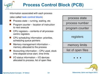 3.9 Silberschatz, Galvin and Gagne ©2013
Operating System Concepts – 9th
Edition
Process Control Block (PCB)
Information associated with each process
(also called task control block)
 Process state – running, waiting, etc
 Program counter – location of instruction
to next execute
 CPU registers – contents of all process-
centric registers
 CPU scheduling information- priorities,
scheduling queue pointers
 Memory-management information –
memory allocated to the process
 Accounting information – CPU used, clock
time elapsed since start, time limits
 I/O status information – I/O devices
allocated to process, list of open files
 