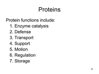 27
Proteins
Protein functions include:
1. Enzyme catalysis
2. Defense
3. Transport
4. Support
5. Motion
6. Regulation
7. Storage
 