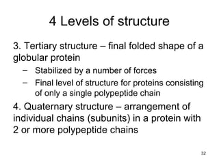 4 Levels of structure
3. Tertiary structure – final folded shape of a
globular protein
– Stabilized by a number of forces
– Final level of structure for proteins consisting
of only a single polypeptide chain
4. Quaternary structure – arrangement of
individual chains (subunits) in a protein with
2 or more polypeptide chains
32
 