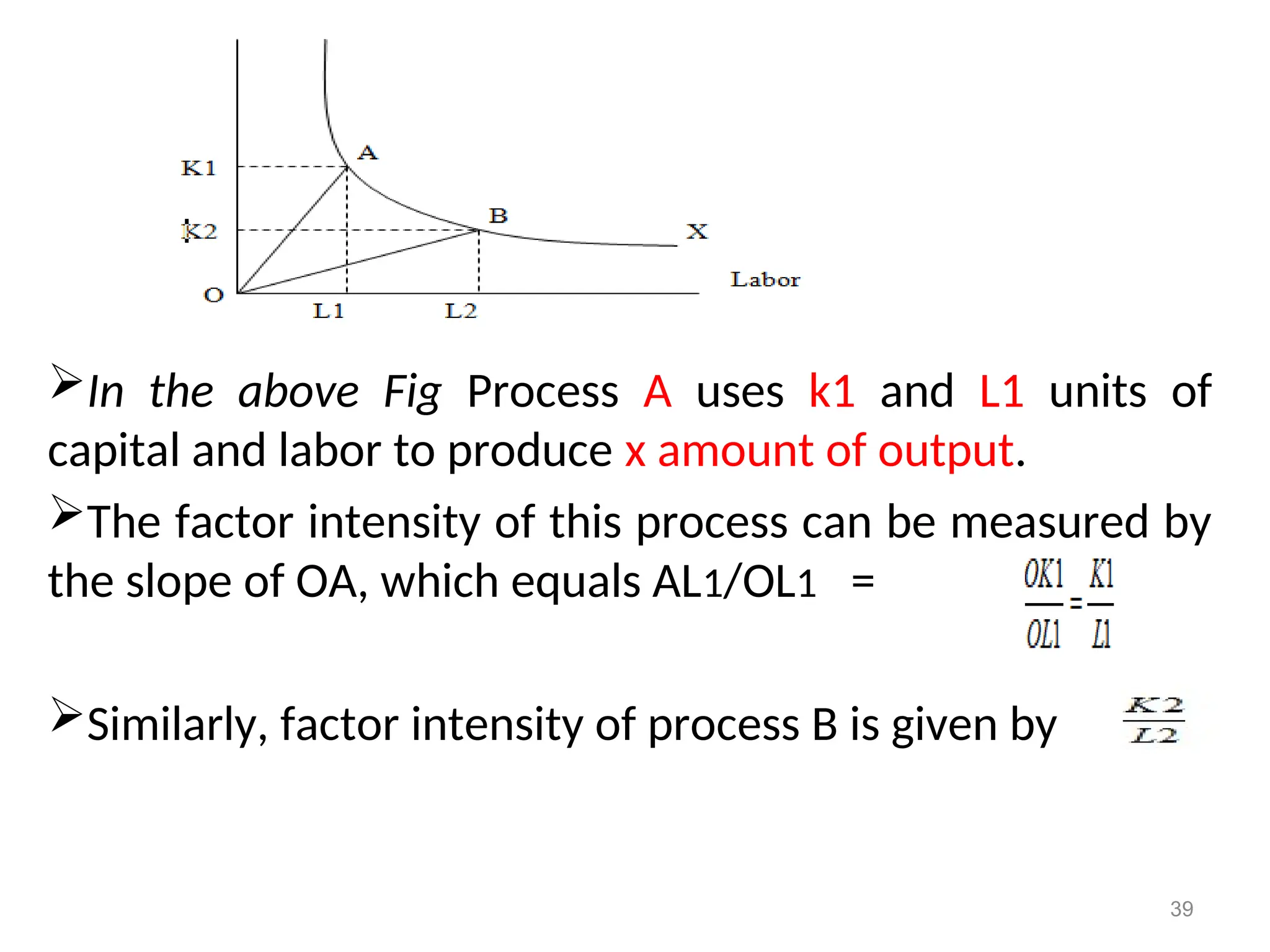 In the above Fig Process A uses k1 and L1 units of
capital and labor to produce x amount of output.
The factor intensity of this process can be measured by
the slope of OA, which equals AL1/OL1 =
Similarly, factor intensity of process B is given by
39
 
