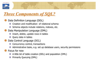Three Components of SQL? Data Definition Language (DDL)  Creation and modification  of relational schema Schema objects include relations, indexes, etc. Data Manipulation Language (DML) Insert, delete, update rows in tables Query data in tables Data Control Language (DCL) Concurrency control, transactions Administrative tasks, e.g. set up database users, security permissions Focus for now A little bit of table creation (DDL) and population (DML) Primarily Querying (DML) 