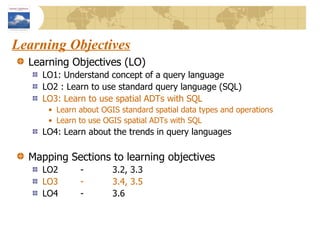 Learning Objectives Learning Objectives (LO) LO1: Understand concept of a query language LO2 : Learn to use standard query language (SQL) LO3: Learn to use spatial ADTs with SQL Learn about OGIS standard spatial data types and operations Learn to use OGIS spatial ADTs with SQL LO4: Learn about the trends in query languages Mapping Sections to learning objectives LO2 -  3.2, 3.3 LO3 - 3.4, 3.5 LO4 - 3.6 