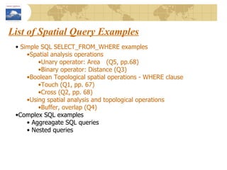 List of Spatial Query Examples Simple SQL SELECT_FROM_WHERE examples Spatial analysis operations  Unary operator: Area (Q5, pp.68) Binary operator: Distance (Q3) Boolean Topological spatial operations - WHERE clause Touch (Q1, pp. 67) Cross (Q2, pp. 68) Using spatial analysis and topological operations Buffer, overlap (Q4) Complex SQL examples Aggreagate SQL queries  Nested queries  