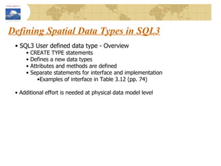 Defining Spatial Data Types in SQL3 SQL3 User defined data type - Overview CREATE TYPE statements Defines a new data types Attributes and methods are defined Separate statements for interface and implementation Examples of interface in Table 3.12 (pp. 74) Additional effort is needed at physical data model level 