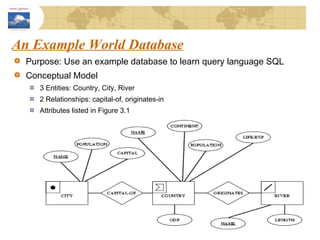 An Example World Database Purpose: Use an example database to learn query language SQL Conceptual Model 3 Entities: Country, City, River 2 Relationships: capital-of, originates-in Attributes listed in Figure 3.1  