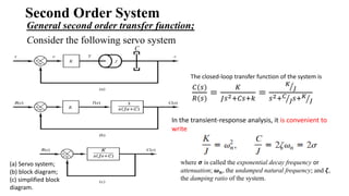 Second Order System
General second order transfer function;
Consider the following servo system
Type equation here.
(a) Servo system;
(b) block diagram;
(c) simplified block
diagram.
The closed-loop transfer function of the system is
𝐶(𝑠)
𝑅(𝑠)
=
𝐾
𝐽𝑠2+𝐶𝑠+𝑘
=
𝐾
𝐽
𝑠2+𝐶
𝐽𝑠+𝐾
𝐽
In the transient-response analysis, it is convenient to
write
where 𝝈 is called the exponential decay frequency or
attenuation; 𝝎𝒏, the undamped natural frequency; and 𝜻,
the damping ratio of the system.
 