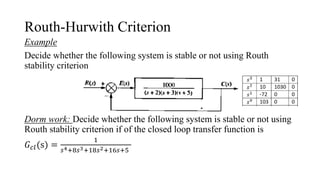 Routh-Hurwith Criterion
Example
Decide whether the following system is stable or not using Routh
stability criterion
Dorm work: Decide whether the following system is stable or not using
Routh stability criterion if of the closed loop transfer function is
𝐺𝑐𝑙(s) =
1
𝑠4+8𝑠3+18𝑠2+16𝑠+5
 