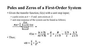 Poles and Zeros of a First-Order System
• Given the transfer function, G(s) with a unit step input;
• a pole exists at s = -5 and zero exists at -2
• unit step response of the system can be found as follows;
• Thus;
 
