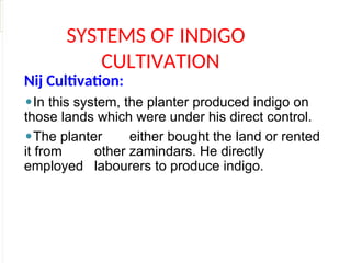 SYSTEMS OF INDIGO
CULTIVATION
Nij Cultivation:
⚫In this system, the planter produced indigo on
those lands which were under his direct control.
⚫The planter either bought the land or rented
it from other zamindars. He directly
employed labourers to produce indigo.
 