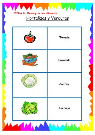 FICHA 8: Memory de los alimentos
Hortalizas y Verduras
Tomate
Ensalada
Coliflor
Lechuga
 