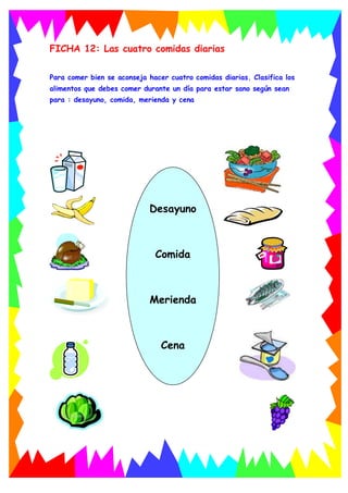 FICHA 12: Las cuatro comidas diarias
Para comer bien se aconseja hacer cuatro comidas diarias. Clasifica los
alimentos que debes comer durante un día para estar sano según sean
para : desayuno, comida, merienda y cena
Desayuno
Comida
Merienda
Cena
 