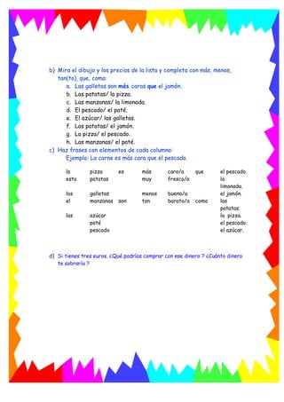 b) Mira el dibujo y los precios de la lista y completa con más, menos,
tan(to), que, como:
a. Las galletas son más caras que el jamón.
b. Las patatas/ la pizza.
c. Las manzanas/ la limonada.
d. El pescado/ el paté.
e. El azúcar/ las galletas.
f. Las patatas/ el jamón.
g. La pizza/ el pescado.
h. Las manzanas/ el paté.
c) Haz frases con elementos de cada columna:
Ejemplo: La carne es más cara que el pescado.
la pizza es más caro/a que el pescado.
esta patatas muy fresco/a la
limonada.
los galletas menos bueno/a el jamón.
el manzanas son tan barato/a como las
patatas.
las azúcar la pizza.
paté el pescado.
pescado el azúcar.
d) Si tienes tres euros. ¿Qué podrías comprar con ese dinero ? ¿Cuánto dinero
te sobraría ?
 