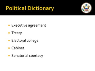  Executive agreement 
 Treaty 
 Electoral college 
 Cabinet 
 Senatorial courtesy 
 