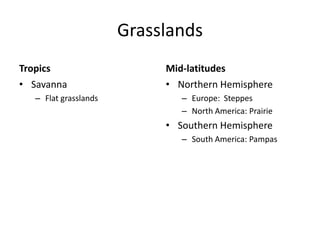 GrasslandsTropicsSavannaFlat grasslandsMid-latitudesNorthern HemisphereEurope:  SteppesNorth America: PrairieSouthern HemisphereSouth America: Pampas