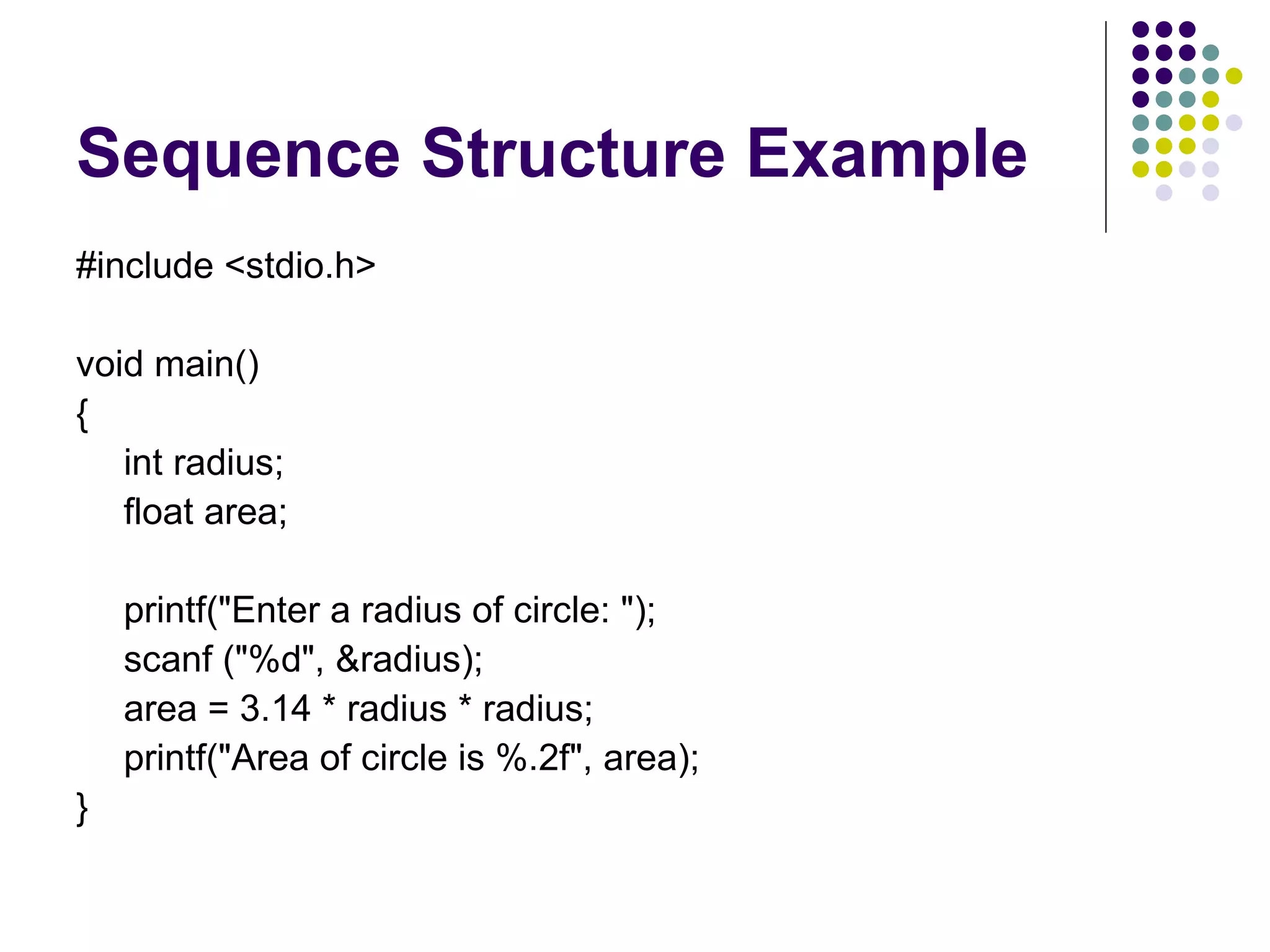 Sequence Structure Example #include <stdio.h> void main() { int radius; float area; printf("Enter a radius of circle: "); scanf ("%d", &radius); area = 3.14 * radius * radius; printf("Area of circle is %.2f", area); } 