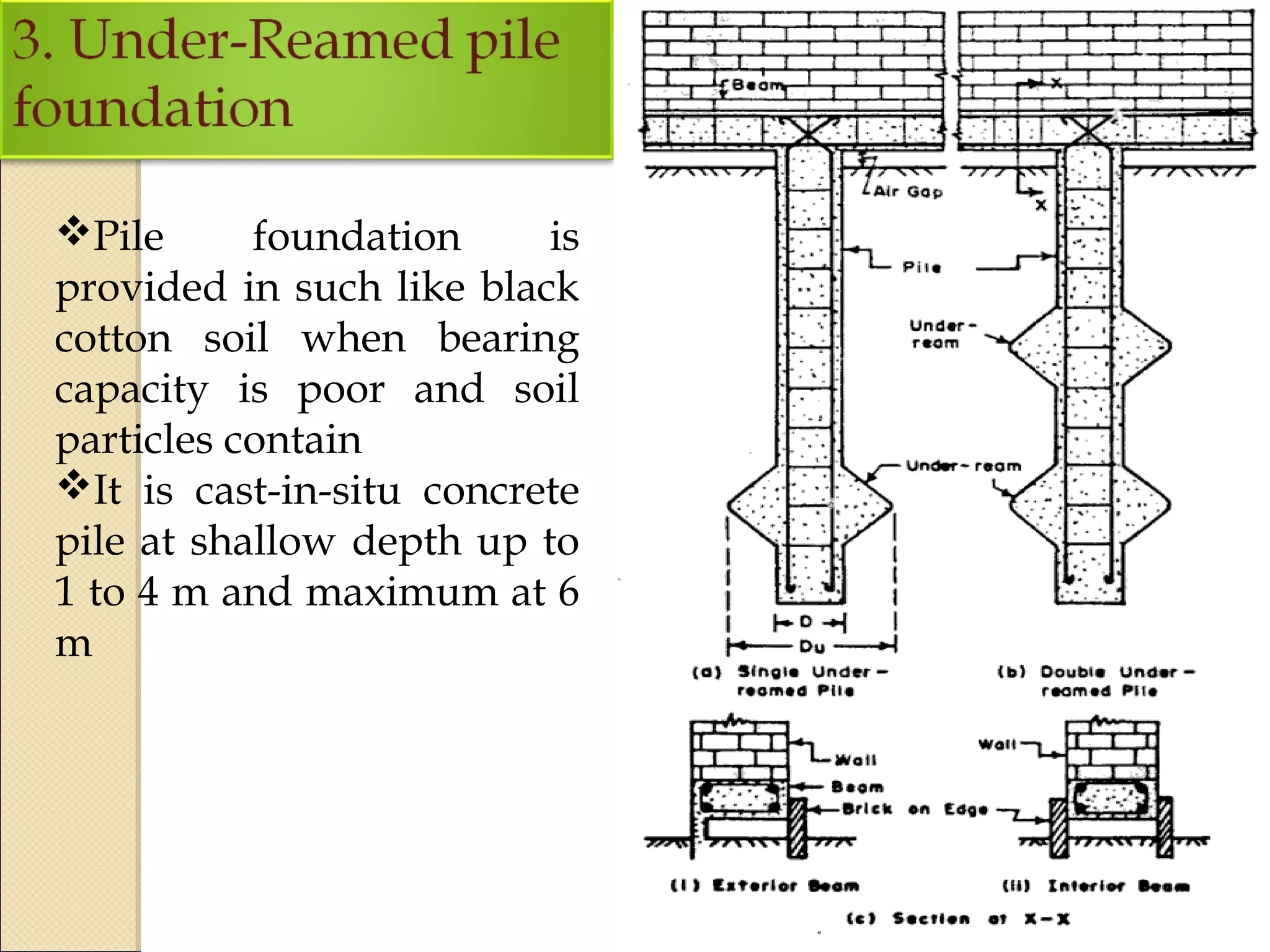 Pile foundation is
provided in such like black
cotton soil when bearing
capacity is poor and soil
particles contain
It is cast-in-situ concrete
pile at shallow depth up to
1 to 4 m and maximum at 6
m
 