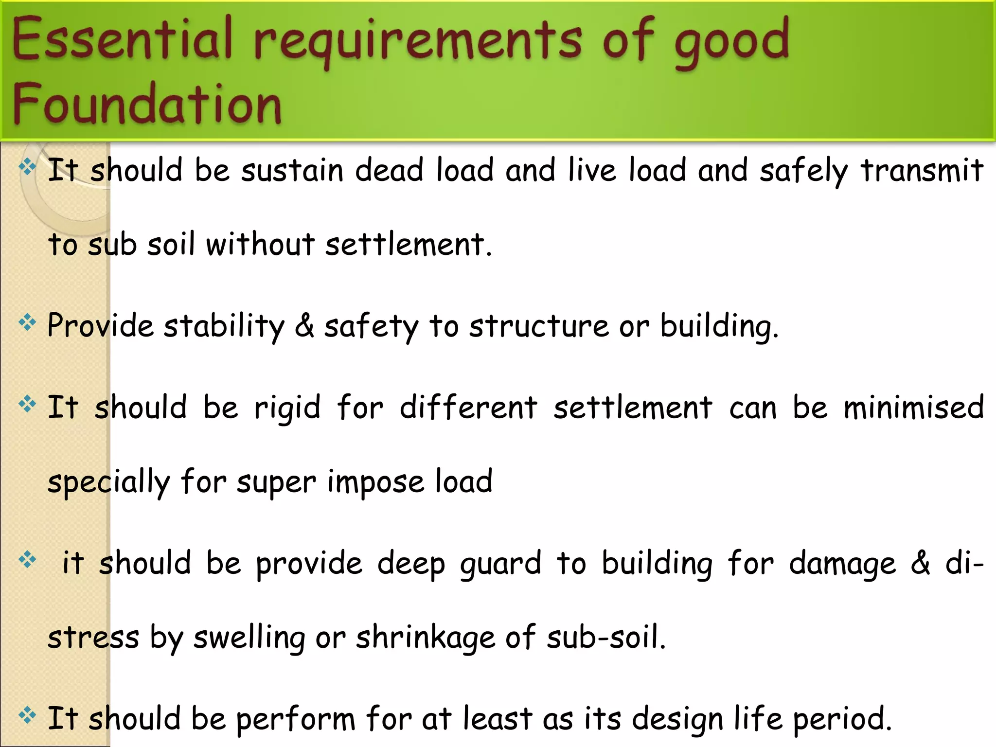 It should be sustain dead load and live load and safely transmit
to sub soil without settlement.
 Provide stability & safety to structure or building.
 It should be rigid for different settlement can be minimised
specially for super impose load
 it should be provide deep guard to building for damage & di-
stress by swelling or shrinkage of sub-soil.
 It should be perform for at least as its design life period.
 