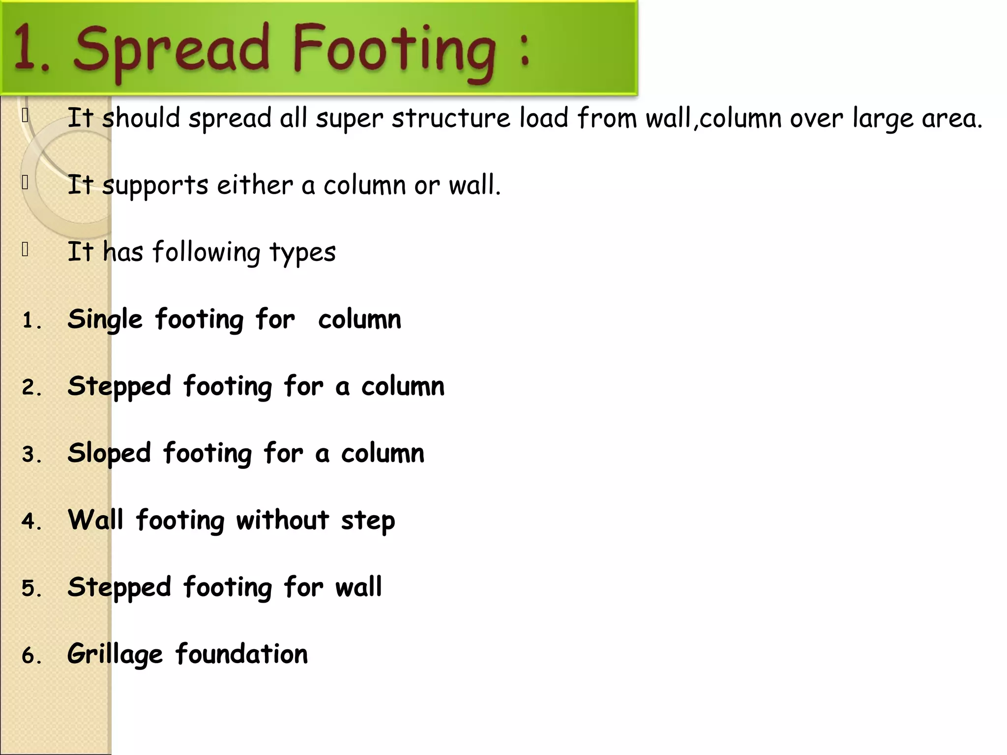  It should spread all super structure load from wall,column over large area.
 It supports either a column or wall.
 It has following types
1. Single footing for column
2. Stepped footing for a column
3. Sloped footing for a column
4. Wall footing without step
5. Stepped footing for wall
6. Grillage foundation
 