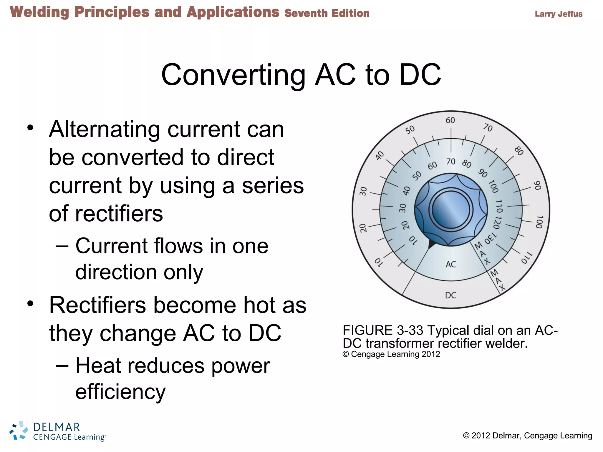 2 © 2012 Delmar, Cengage Learning
Converting AC to DC
• Alternating current can
be converted to direct
current by using a series
of rectifiers
– Current flows in one
direction only
• Rectifiers become hot as
they change AC to DC
– Heat reduces power
efficiency
FIGURE 3-33 Typical dial on an AC-
DC transformer rectifier welder.
© Cengage Learning 2012
 