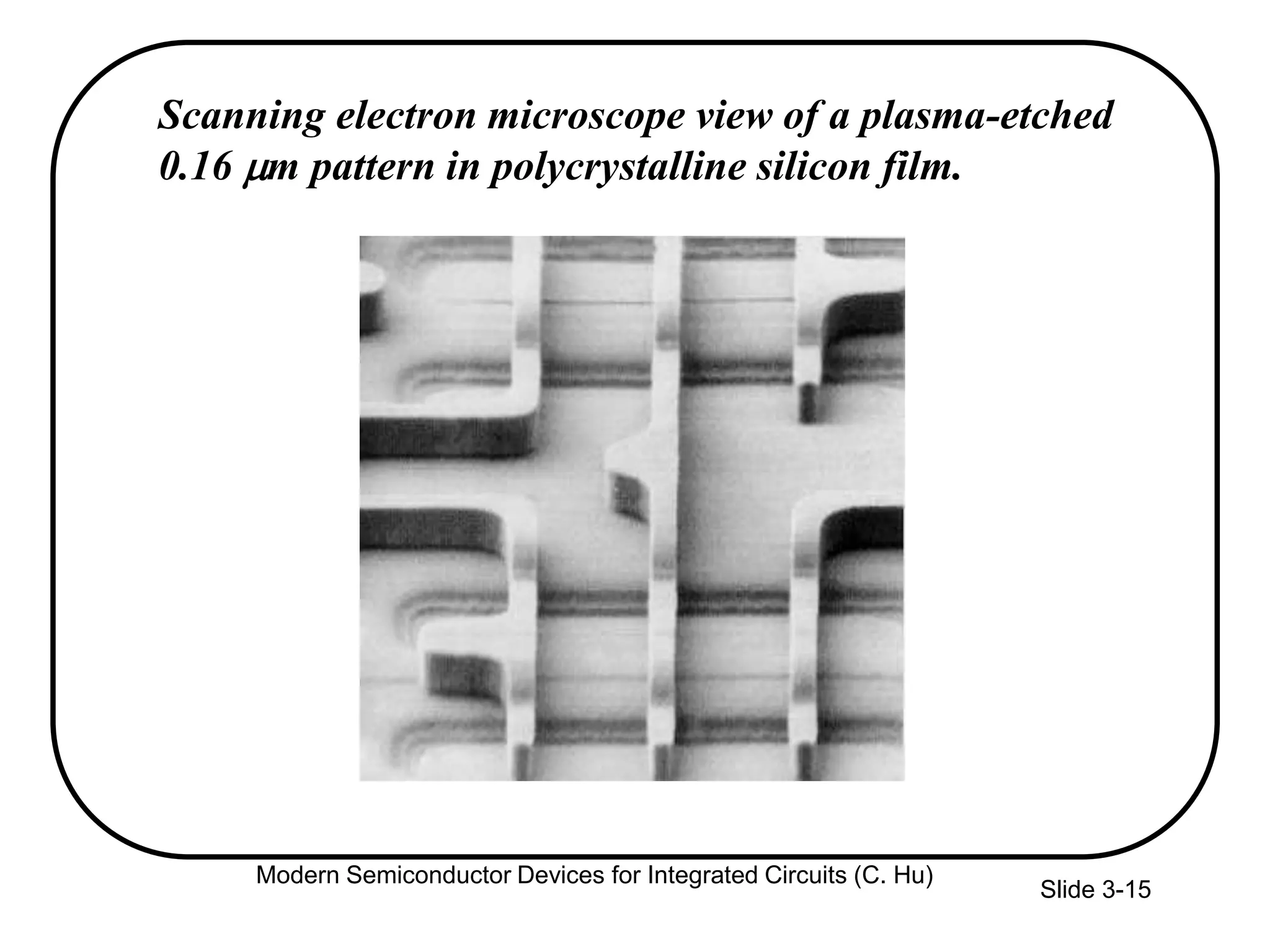 Slide 3-15
Scanning electron microscope view of a plasma-etched
0.16 m pattern in polycrystalline silicon film.
Modern Semiconductor Devices for Integrated Circuits (C. Hu)
 