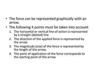 • The force can be represented graphically with an
arrow.
• The following 4 points must be taken into account
1. The horizontal or vertical line of action is represented
by a straight (dotted) line
2. The direction of the applied force is represented by
the arrow
3. The magnitude (size) of the force is represented by
the length of the arrow.
4. The point of application of the force corresponds to
the starting point of the arrow.
 
