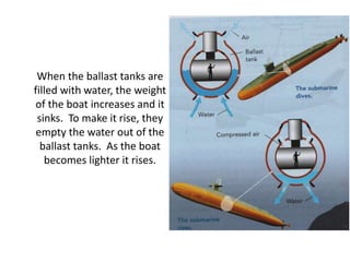 When the ballast tanks are
filled with water, the weight
of the boat increases and it
sinks. To make it rise, they
empty the water out of the
ballast tanks. As the boat
becomes lighter it rises.
 