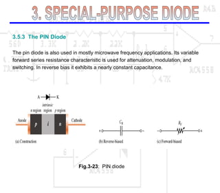 3.5.3 The PIN Diode
The pin diode is also used in mostly microwave frequency applications. Its variable
forward series resistance characteristic is used for attenuation, modulation, and
switching. In reverse bias it exhibits a nearly constant capacitance.
Fig.3-23: PIN diode
 