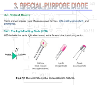 3.4 Optical Diodes
There are two popular types of optoelectronic devices: light-emitting diode (LED) and
photodiode.
3.4.1 The Light-Emitting Diode (LED)
LED is diode that emits light when biased in the forward direction of p-n junction.
Anode Cathode
Fig.3-12: The schematic symbol and construction features.
(b) (c)
 