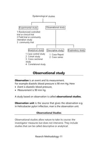 Reserch Methodology-11
Observational study
Observation is an event and its measurement.
For example diastolic blood pressure is 90 mm Hg; Here
 Event is diastolic blood pressure,
 Measurement is 90 mm hg.
A study based on observation is called observational studies.
Observation unit is the source that gives the observation e.g.
in Helicobacter pylori inflection, man is the observation unit.
Observational Studies
Observational studies allow nature to take its course: the
investigator measures but does not intervene. They include
studies that can be called descriptive or analytical:
 
