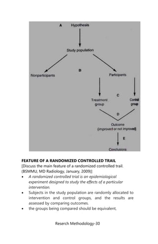 Reserch Methodology-30
FEATURE OF A RANDOMIZED CONTROLLED TRAIL
[Discuss the main feature of a randomized controlled trail.
(BSMMU, MD Radiology, January, 2009)]
 A randomized controlled trial is an epidemiological
experiment designed to study the effects of a particular
intervention.
 Subjects in the study population are randomly allocated to
intervention and control groups, and the results are
assessed by comparing outcomes.
 the groups being compared should be equivalent,
 