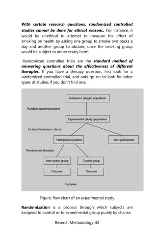 Reserch Methodology-32
With certain research questions, randomized controlled
studies cannot be done for ethical reasons. For instance, it
would be unethical to attempt to measure the effect of
smoking on health by asking one group to smoke two packs a
day and another group to abstain, since the smoking group
would be subject to unnecessary harm.
Randomized controlled trials are the standard method of
answering questions about the effectiveness of different
therapies. If you have a therapy question, first look for a
randomized controlled trial, and only go on to look for other
types of studies if you don't find one.
Figure: flow chart of an experimental study
Randomization is a process through which subjects are
assigned to control or to experimental group purely by chance.
 