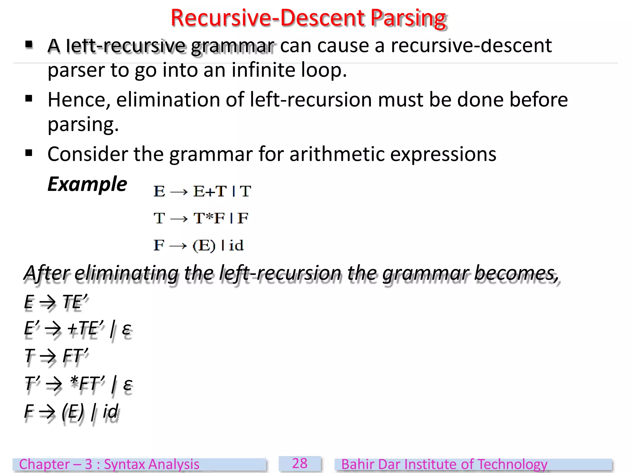  A left-recursive grammar can cause a recursive-descent
parser to go into an infinite loop.
 Hence, elimination of left-recursion must be done before
parsing.
 Consider the grammar for arithmetic expressions
Example
After eliminating the left-recursion the grammar becomes,
E → TE’
E’ → +TE’ | ε
T → FT’
T’ → *FT’ | ε
F → (E) | id
Recursive-Descent Parsing
28
Chapter – 3 : Syntax Analysis Bahir Dar Institute of Technology
 