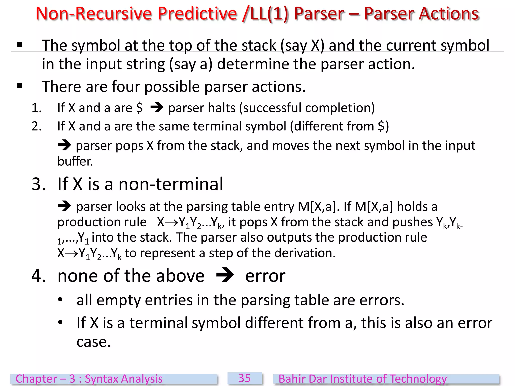  The symbol at the top of the stack (say X) and the current symbol
in the input string (say a) determine the parser action.
 There are four possible parser actions.
1. If X and a are $  parser halts (successful completion)
2. If X and a are the same terminal symbol (different from $)
 parser pops X from the stack, and moves the next symbol in the input
buffer.
3. If X is a non-terminal
 parser looks at the parsing table entry M[X,a]. If M[X,a] holds a
production rule XY1Y2...Yk, it pops X from the stack and pushes Yk,Yk-
1,...,Y1 into the stack. The parser also outputs the production rule
XY1Y2...Yk to represent a step of the derivation.
4. none of the above  error
• all empty entries in the parsing table are errors.
• If X is a terminal symbol different from a, this is also an error
case.
Non-Recursive Predictive /LL(1) Parser – Parser Actions
35
Chapter – 3 : Syntax Analysis Bahir Dar Institute of Technology
 