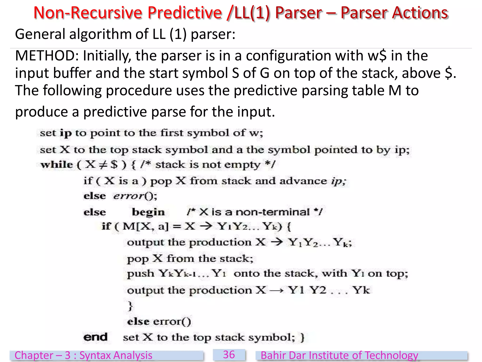 General algorithm of LL (1) parser:
METHOD: Initially, the parser is in a configuration with w$ in the
input buffer and the start symbol S of G on top of the stack, above $.
The following procedure uses the predictive parsing table M to
produce a predictive parse for the input.
Non-Recursive Predictive /LL(1) Parser – Parser Actions
36
Chapter – 3 : Syntax Analysis Bahir Dar Institute of Technology
 